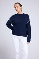 Pull Col Rond Oversize Surpiqures Clarisse - Bleu Marine Blanc
