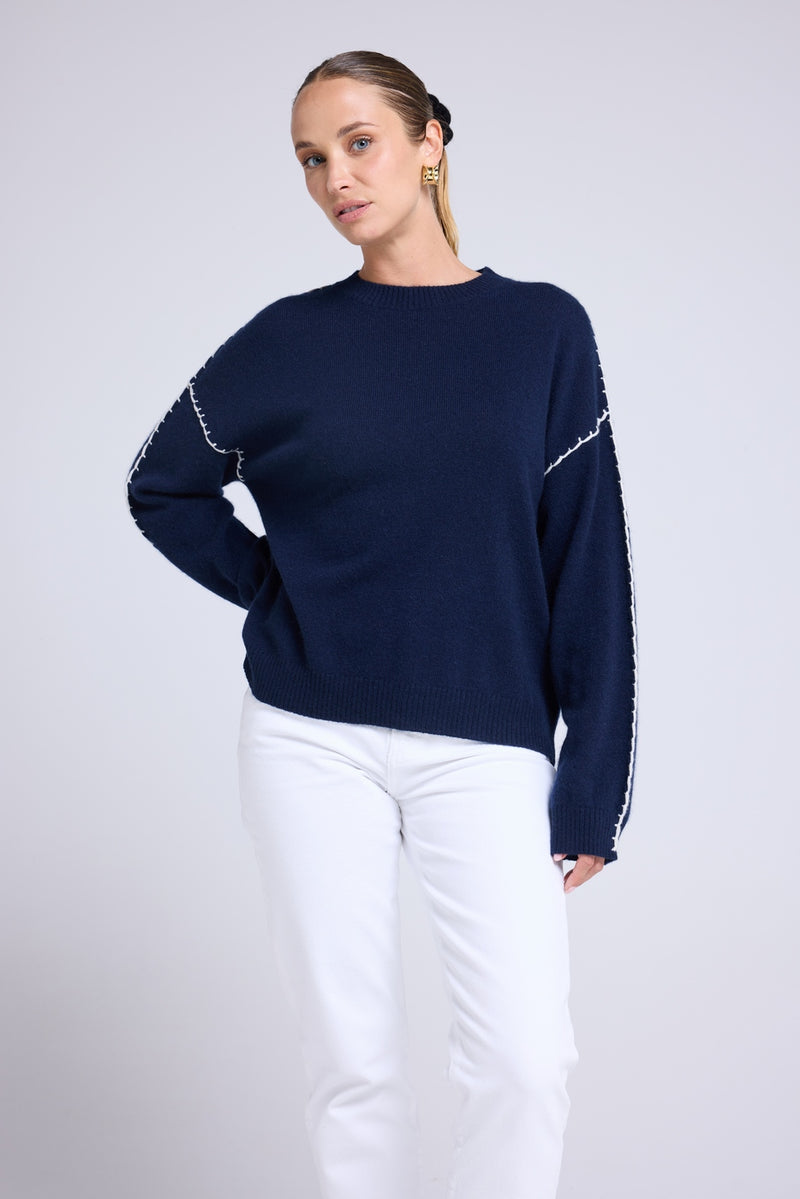 Pull Col Rond Oversize Surpiqures Clarisse - Bleu Marine Blanc