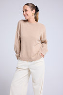 Pull Col Rond Oversize Surpiqures Clarisse - Beige Crème Blanc