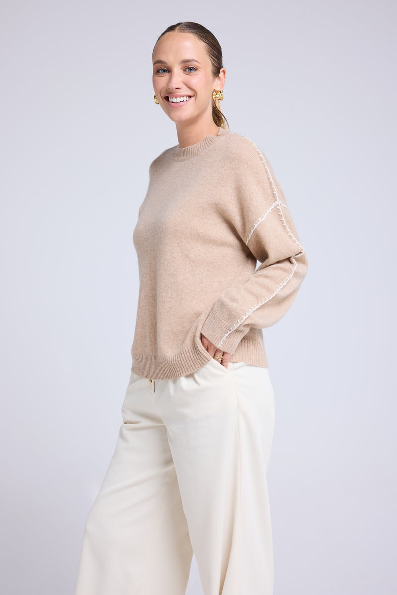 Pull Col Rond Oversize Surpiqures Clarisse - Beige Crème Blanc