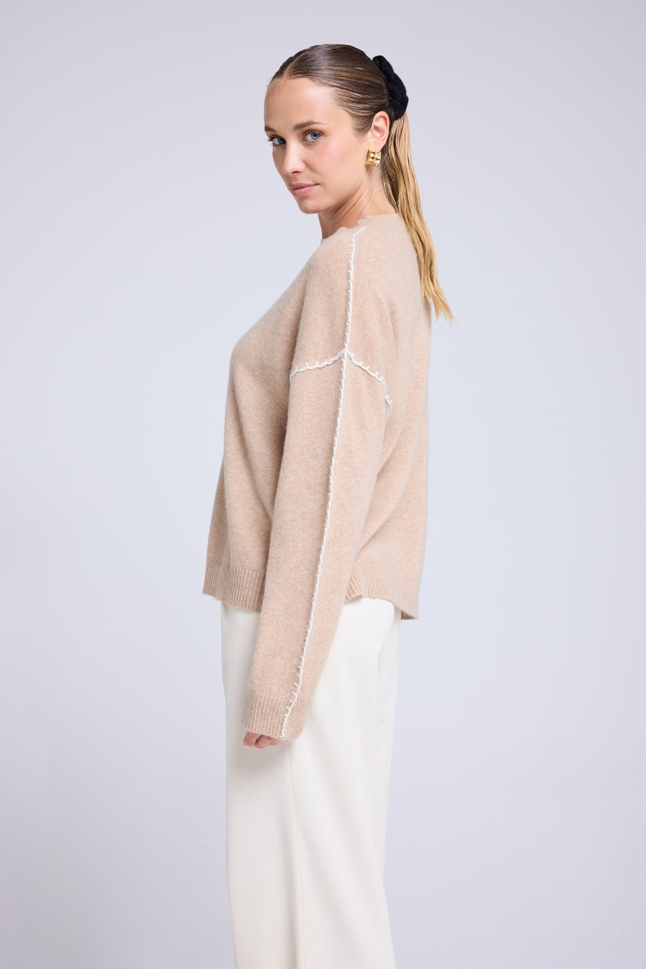 Maglione Girocollo Oversize Impunture Clarisse - Beige Crema Bianco