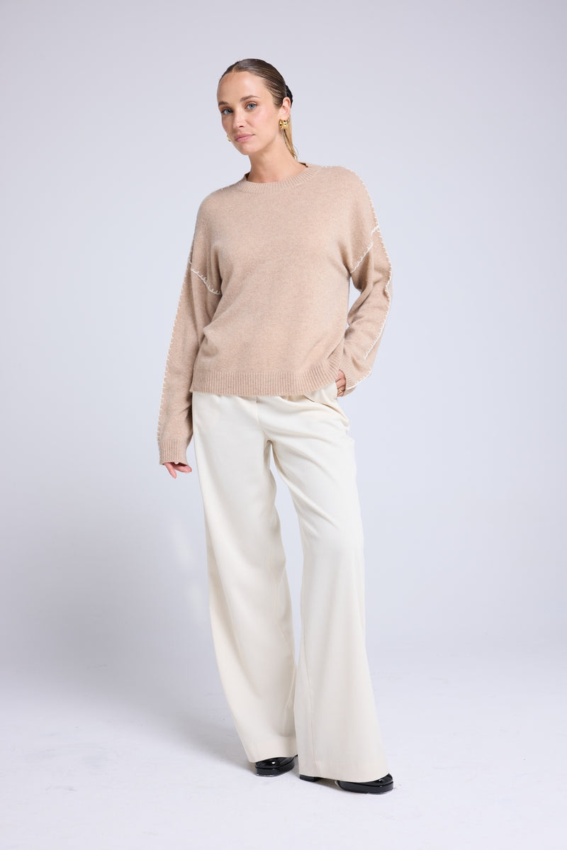 Pull Col Rond Oversize Surpiqures Clarisse - Beige Crème Blanc