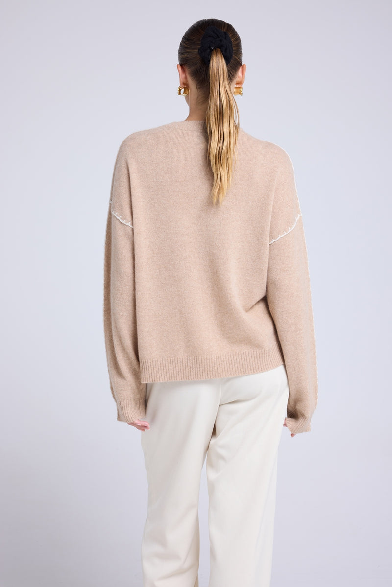 Pull Col Rond Oversize Surpiqures Clarisse - Beige Crème Blanc