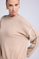 Pull Col Rond Oversize Surpiqures Clarisse - Beige Crème Blanc