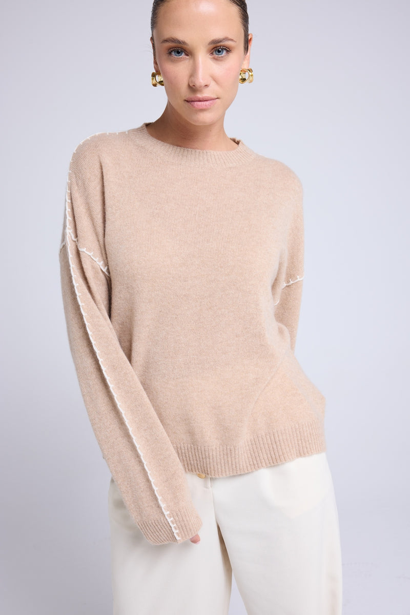 Pull Col Rond Oversize Surpiqures Clarisse - Beige Crème Blanc