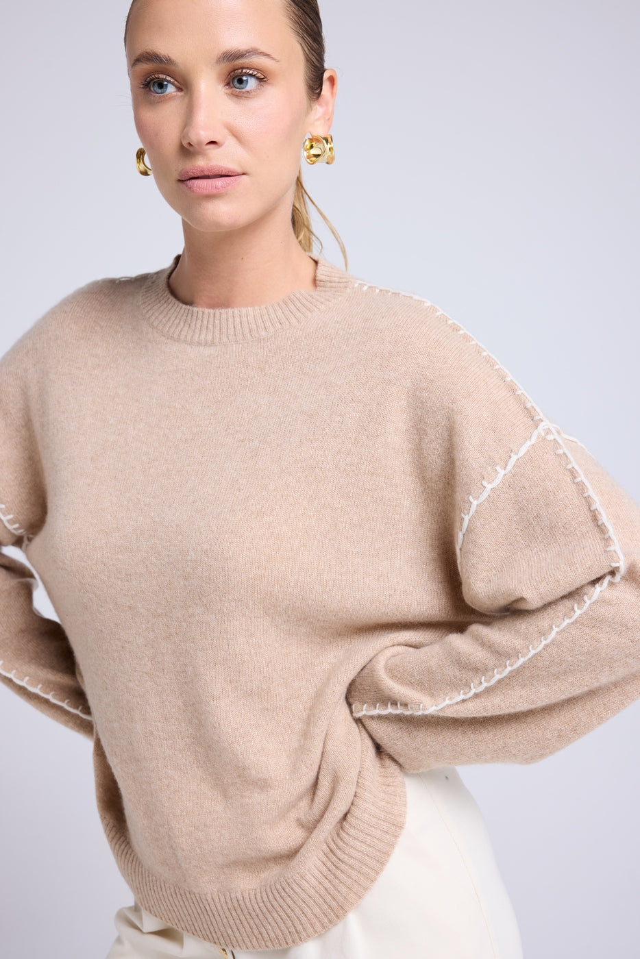 Maglione Girocollo Oversize Impunture Clarisse - Beige Crema Bianco