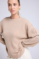Pull Col Rond Oversize Surpiqures Clarisse - Beige Crème Blanc