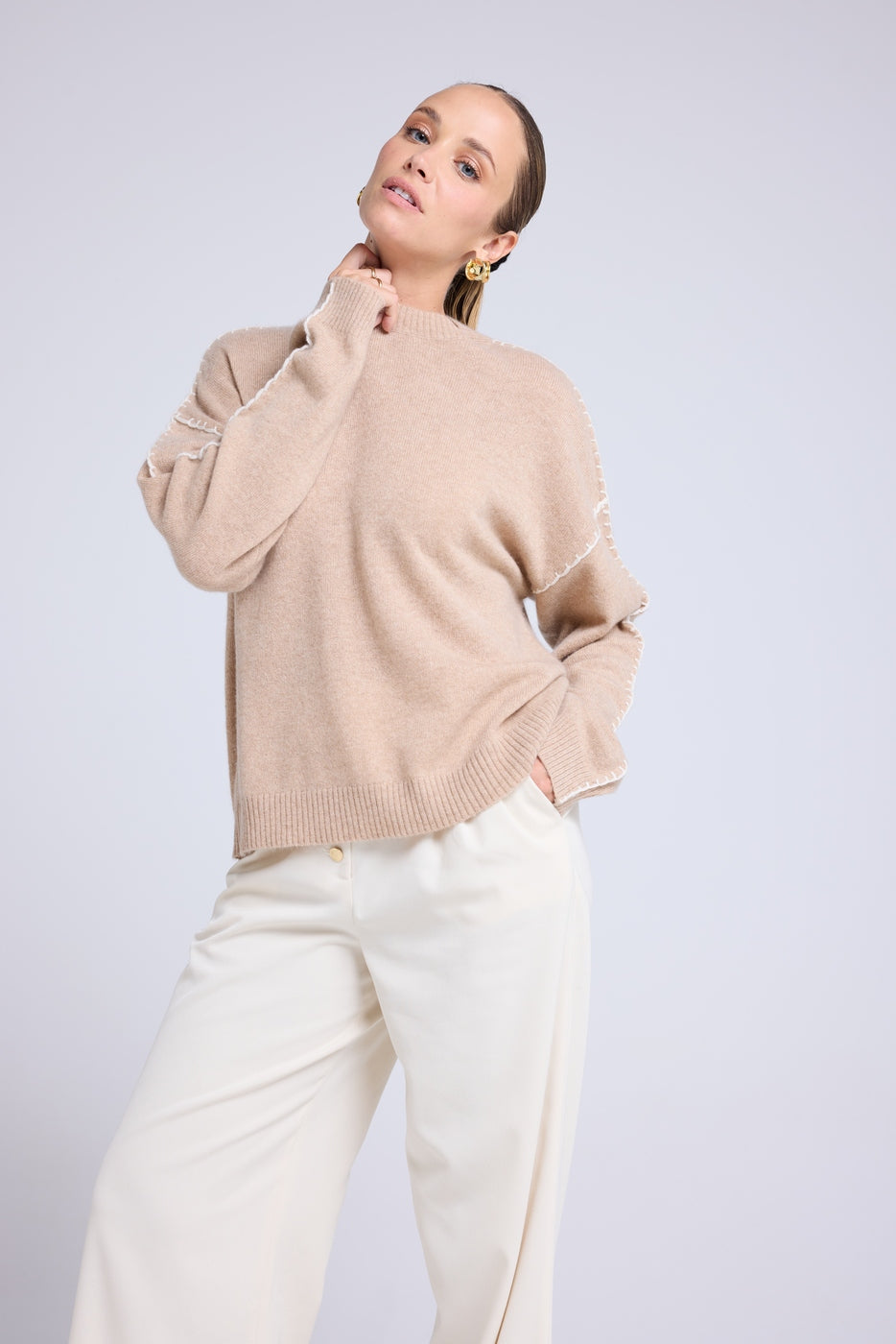 Maglione Girocollo Oversize Impunture Clarisse - Beige Crema Bianco