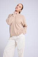Pull Col Rond Oversize Surpiqures Clarisse - Beige Crème Blanc