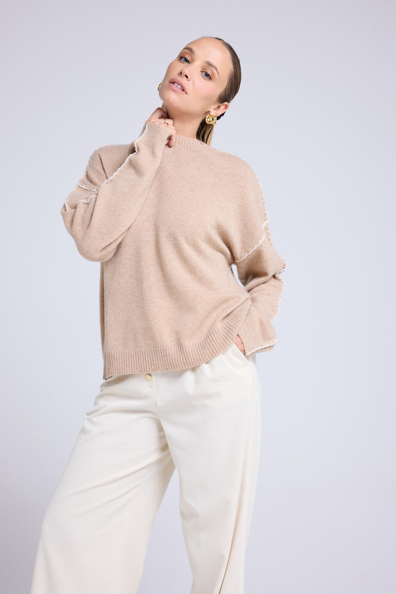 Pull Col Rond Oversize Surpiqures Clarisse - Beige Crème Blanc