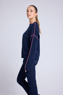 Pull Col Rond Oversize Surpiqures Clarisse - Bleu Marine Rose Fluo