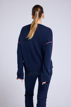 Pull Col Rond Oversize Surpiqures Clarisse - Bleu Marine Rose Fluo - Femme