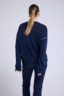 Pull Col Rond Oversize Surpiqures Clarisse - Bleu Marine Rose Fluo