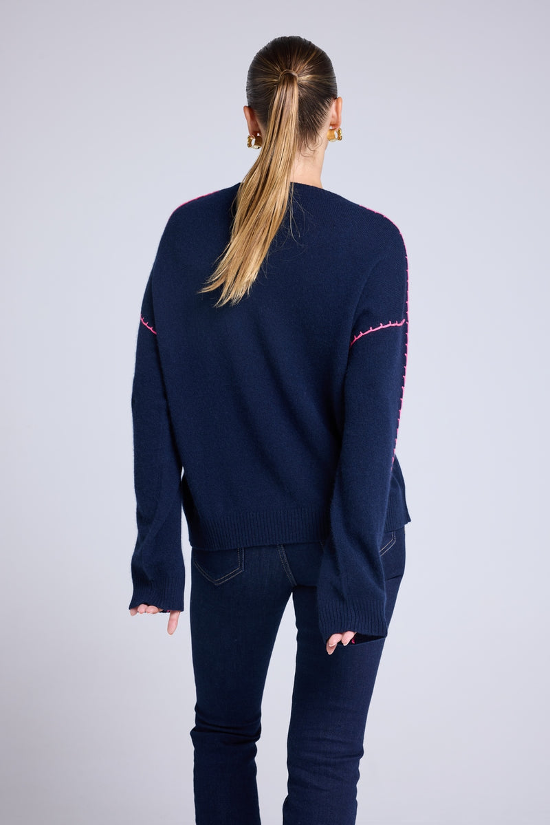 Pull Col Rond Oversize Surpiqures Clarisse - Bleu Marine Rose Fluo