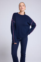Pull Col Rond Oversize Surpiqures Clarisse - Bleu Marine Rose Fluo - Femme
