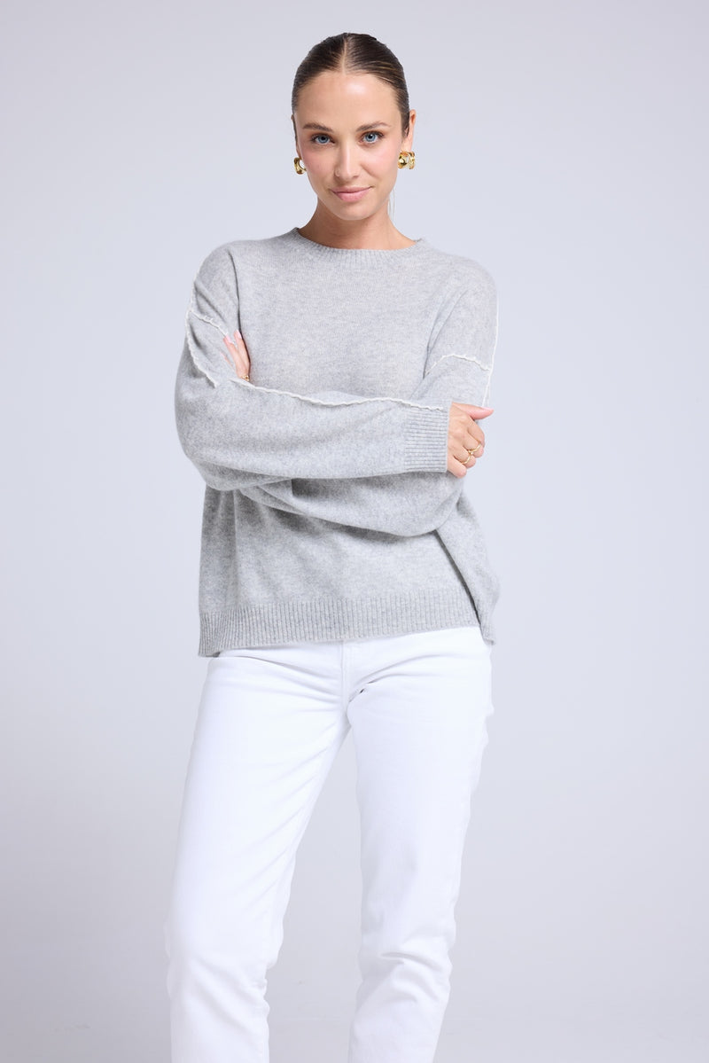 Pull Col Rond Oversize Surpiqures Clarisse - Gris Clair Blanc