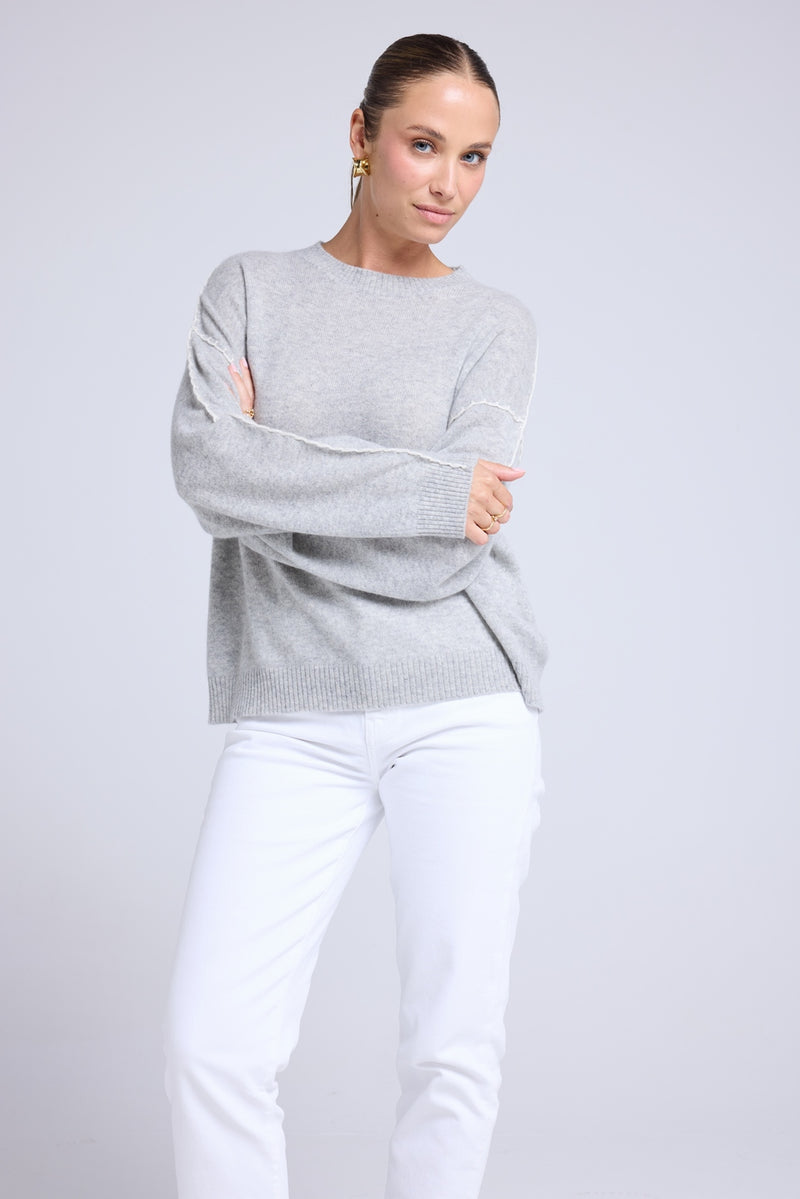 Pull Col Rond Oversize Surpiqures Clarisse - Gris Clair Blanc