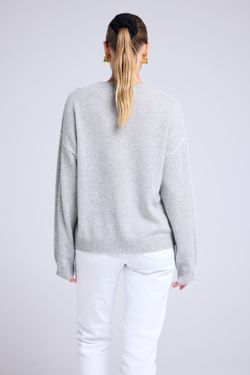 Pull Col Rond Oversize Surpiqures Clarisse - Gris Clair Blanc