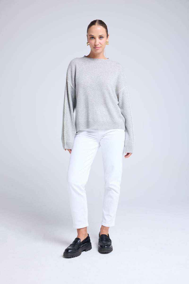 Pull Col Rond Oversize Surpiqures Clarisse - Gris Clair Blanc