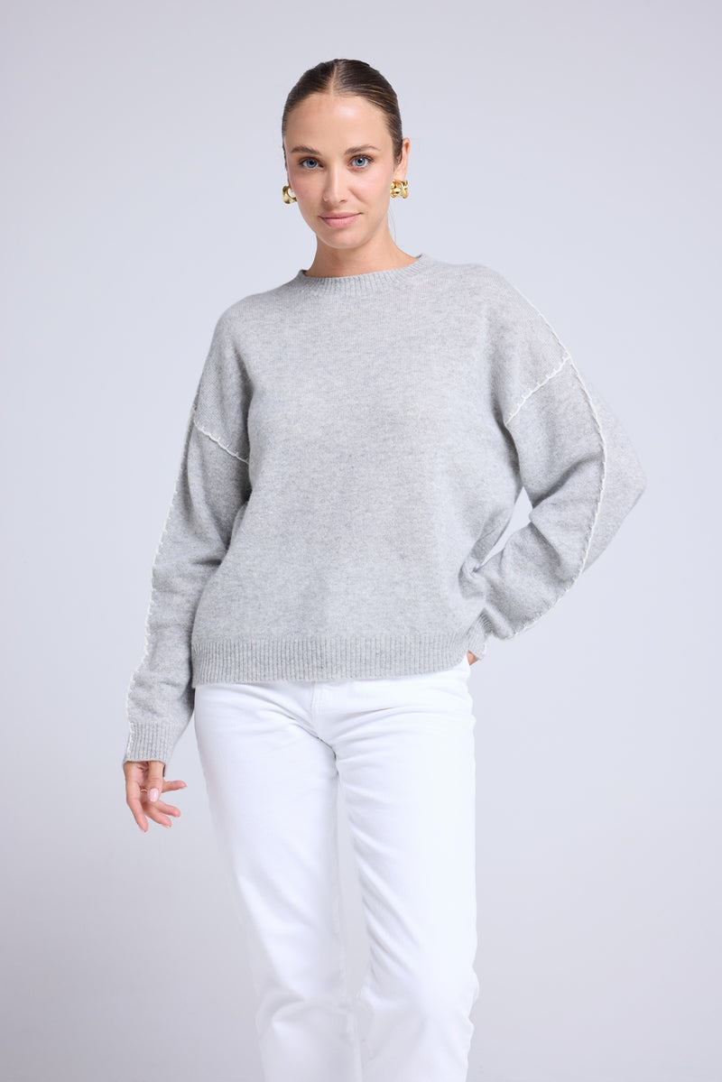 Pull Col Rond Oversize Surpiqures Clarisse - Gris Clair Blanc