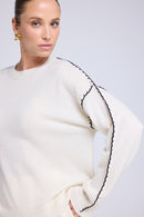 Pull Col Rond Oversize Surpiqures Clarisse - Blanc Noir