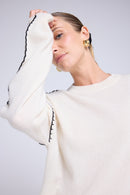 Pull Col Rond Oversize Surpiqures Clarisse - Blanc Noir