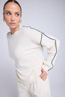 Pull Col Rond Oversize Surpiqures Clarisse - Blanc Noir