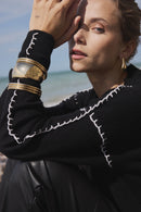 Pull Col Rond Oversize Surpiqures Clarisse - Noir Blanc