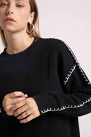 Pull Col Rond Oversize Surpiqures Clarisse - Noir Blanc