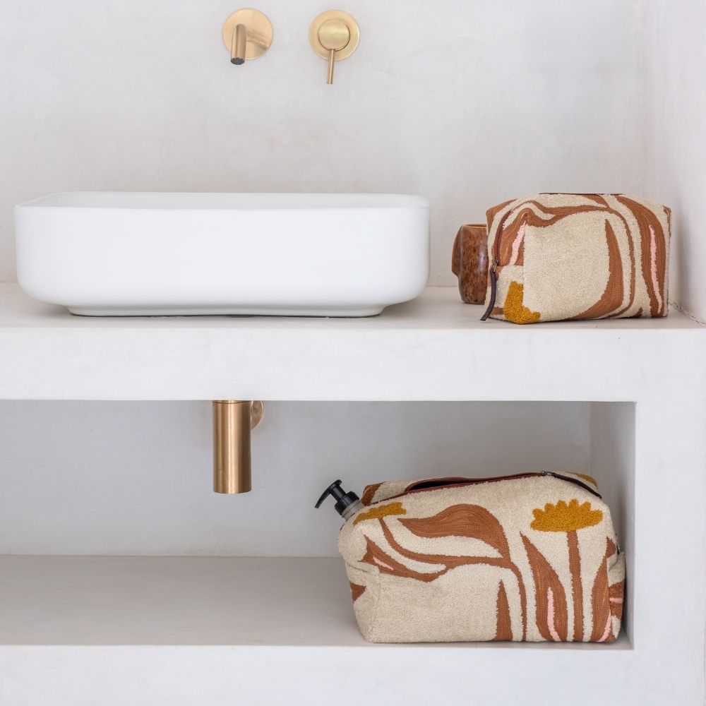 Embroidered-Pattern Makeup Bag - Beige
