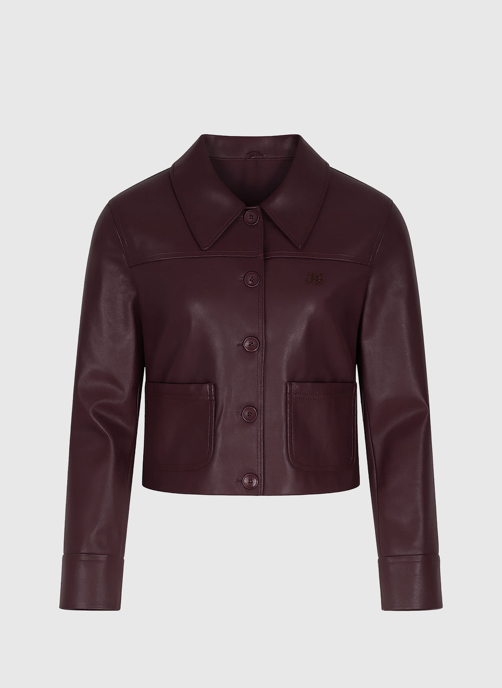 An'ge – Veste Claudiane Wine, veste courte en cuir bordeaux, vue de face sur fond uni