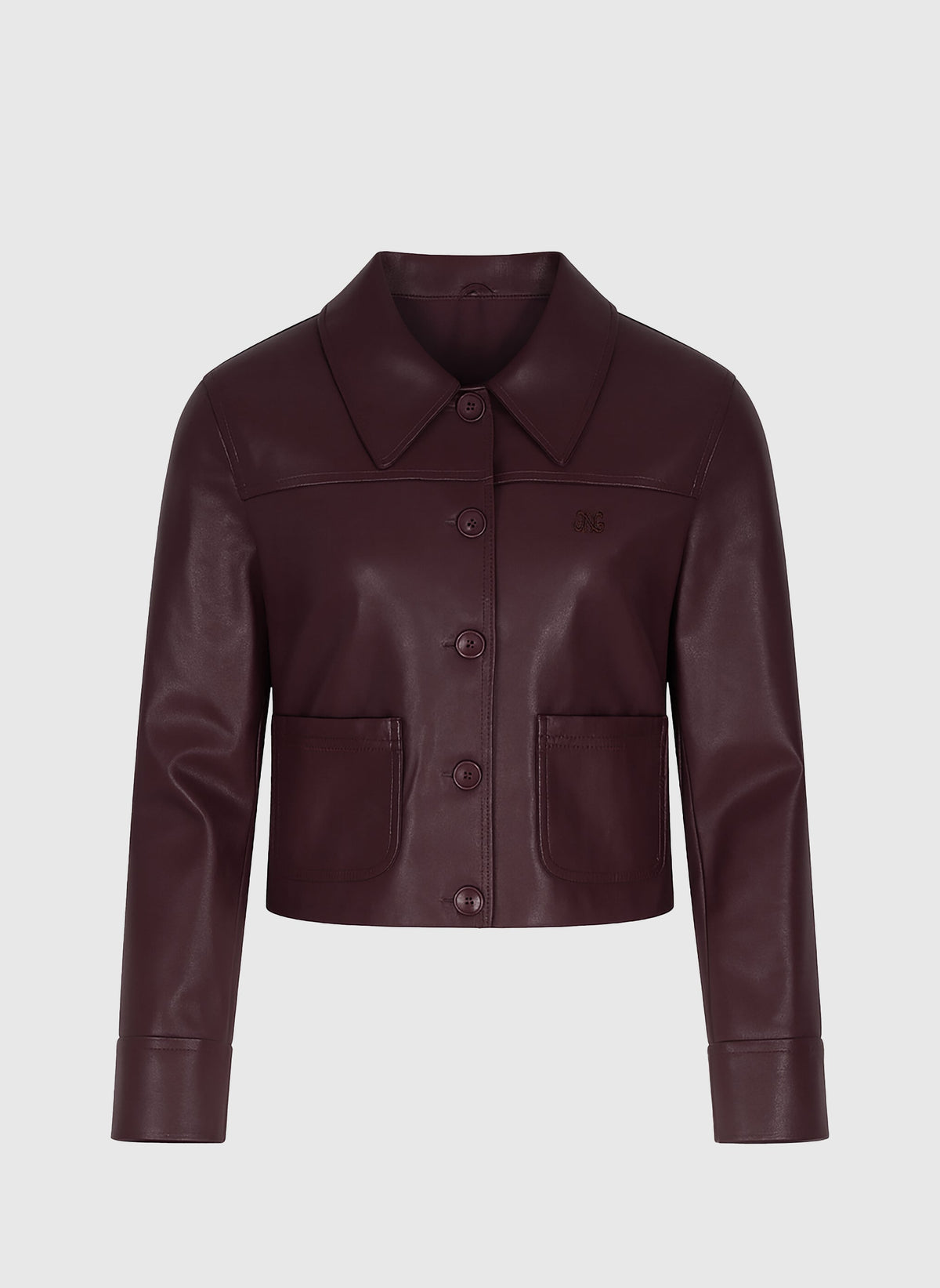 An'ge – Veste Claudiane Wine, veste courte en cuir bordeaux, vue de face sur fond uni
