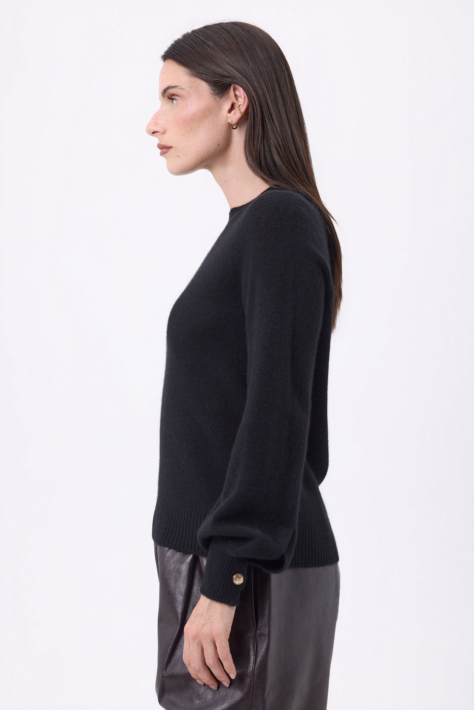 Clip Crew Neck Jumper With Rib Cuff Buttons - Black - Women