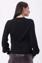 Clip Crew Neck Jumper With Rib Cuff Buttons - Black - Women