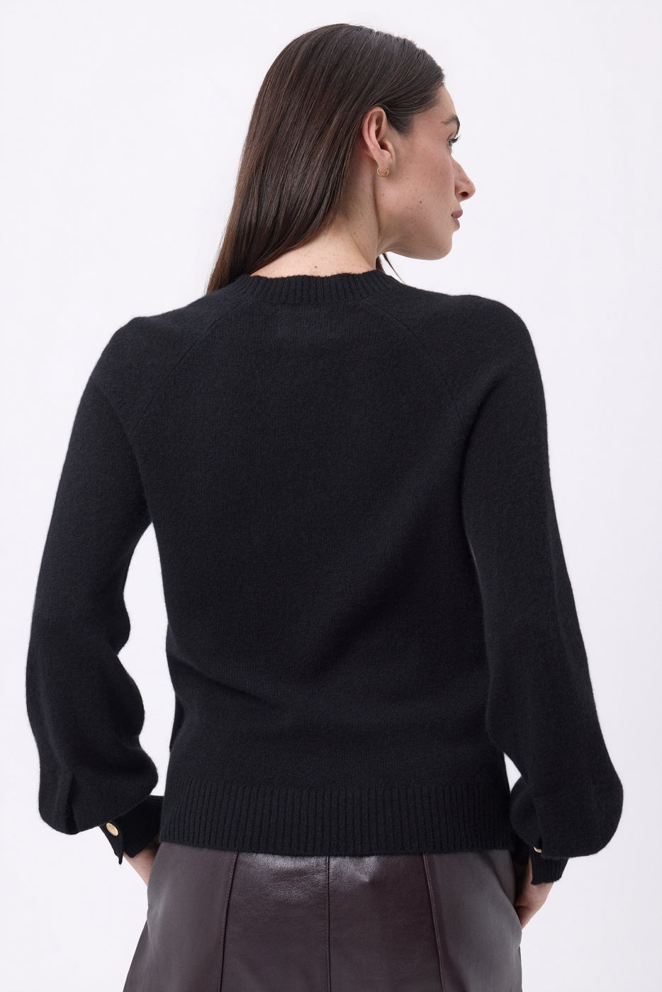 Clip Crew Neck Jumper With Rib Cuff Buttons - Black - Women