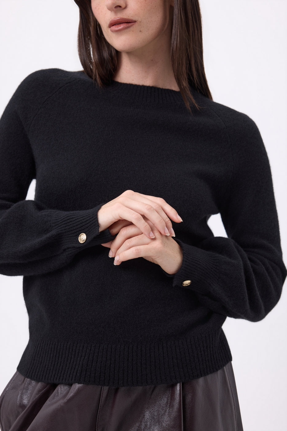 Clip Crew Neck Jumper With Rib Cuff Buttons - Black - Women