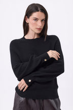 Clip Crew Neck Jumper With Rib Cuff Buttons - Black - Women
