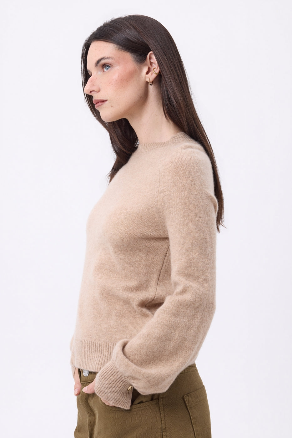 Jersey de cuello redondo con botones, canalé y mangas Clip - Beige crema - Mujer