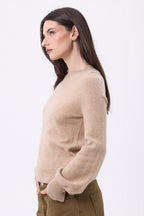 Jersey de cuello redondo con botones, canalé y mangas Clip - Beige crema - Mujer