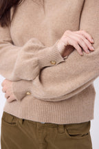 Jersey de cuello redondo con botones, canalé y mangas Clip - Beige crema - Mujer