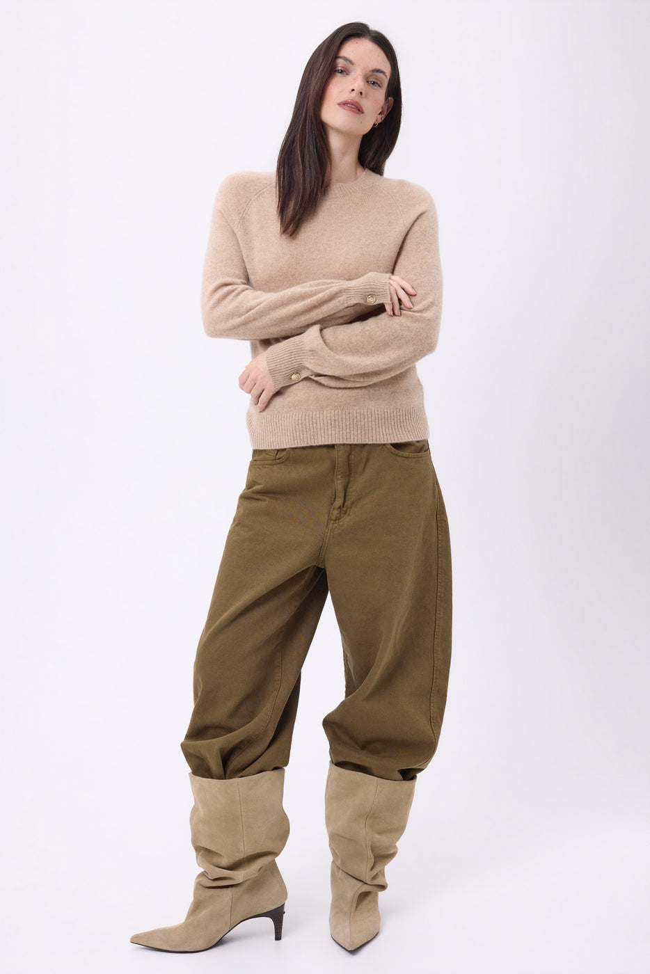 Jersey de cuello redondo con botones, canalé y mangas Clip - Beige crema - Mujer