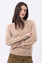 Jersey de cuello redondo con botones, canalé y mangas Clip - Beige crema - Mujer