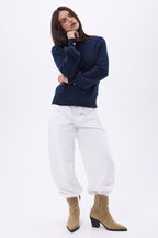 Pull Col Rond Boutons Rib Manche Clip - Bleu Marine - Femme