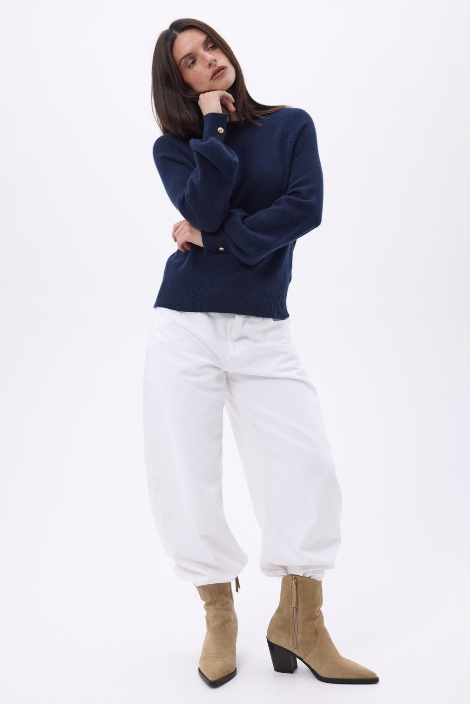 Pull Col Rond Boutons Rib Manche Clip - Bleu Marine - Femme