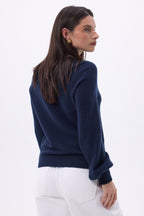 Pull Col Rond Boutons Rib Manche Clip - Bleu Marine - Femme