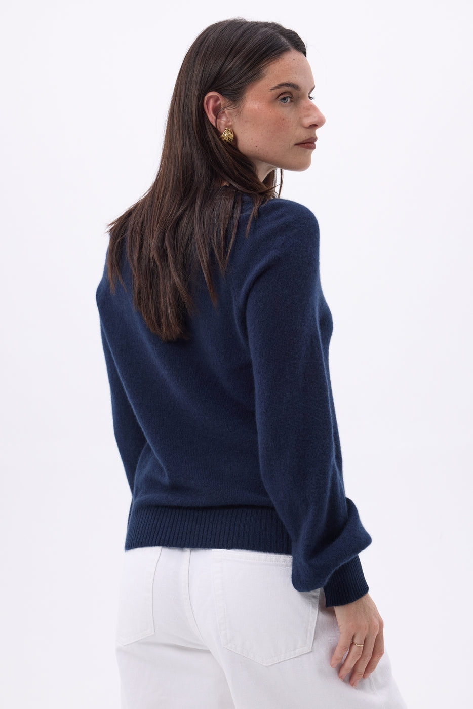 Pull Col Rond Boutons Rib Manche Clip - Bleu Marine - Femme