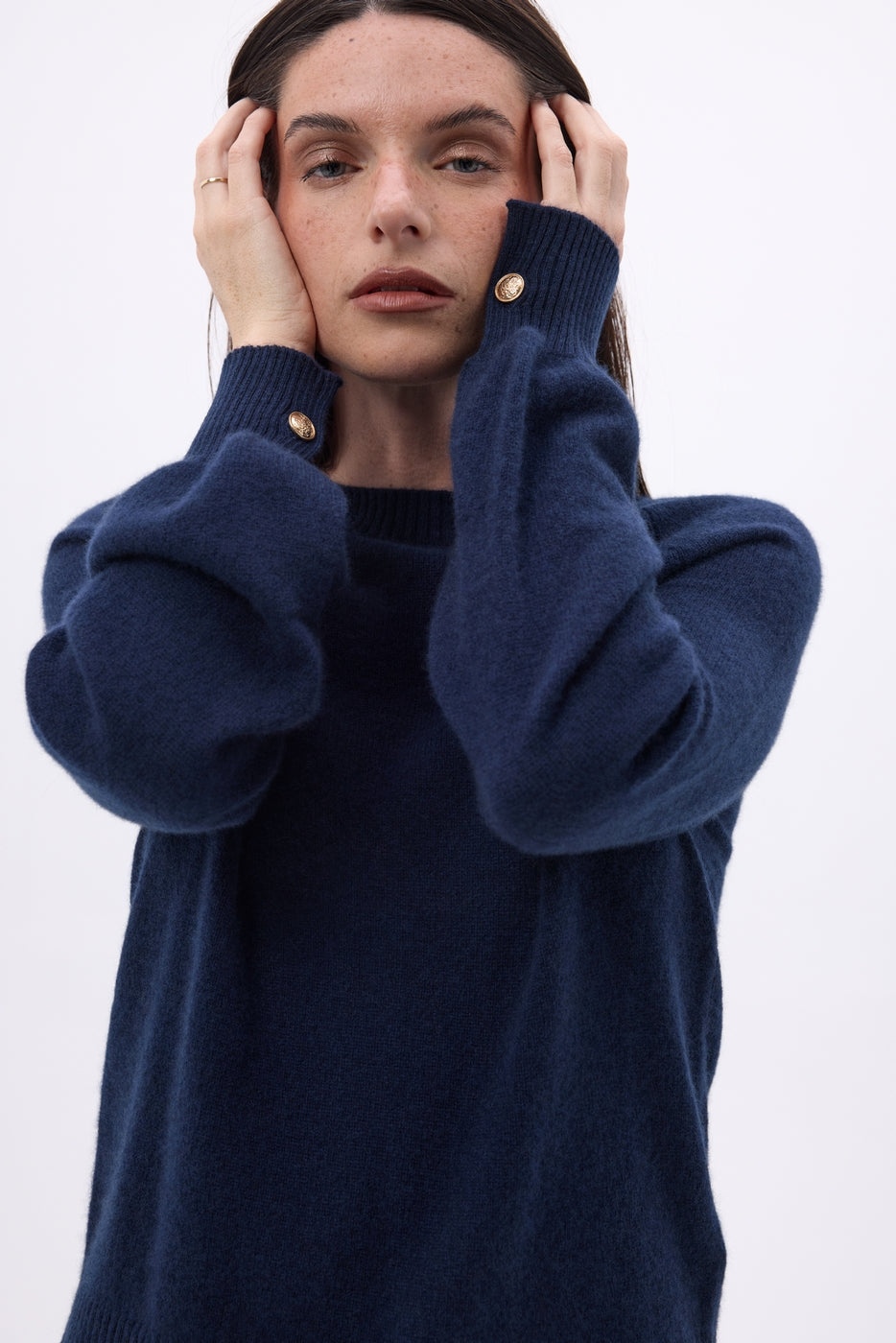 Pull Col Rond Boutons Rib Manche Clip - Bleu Marine - Femme