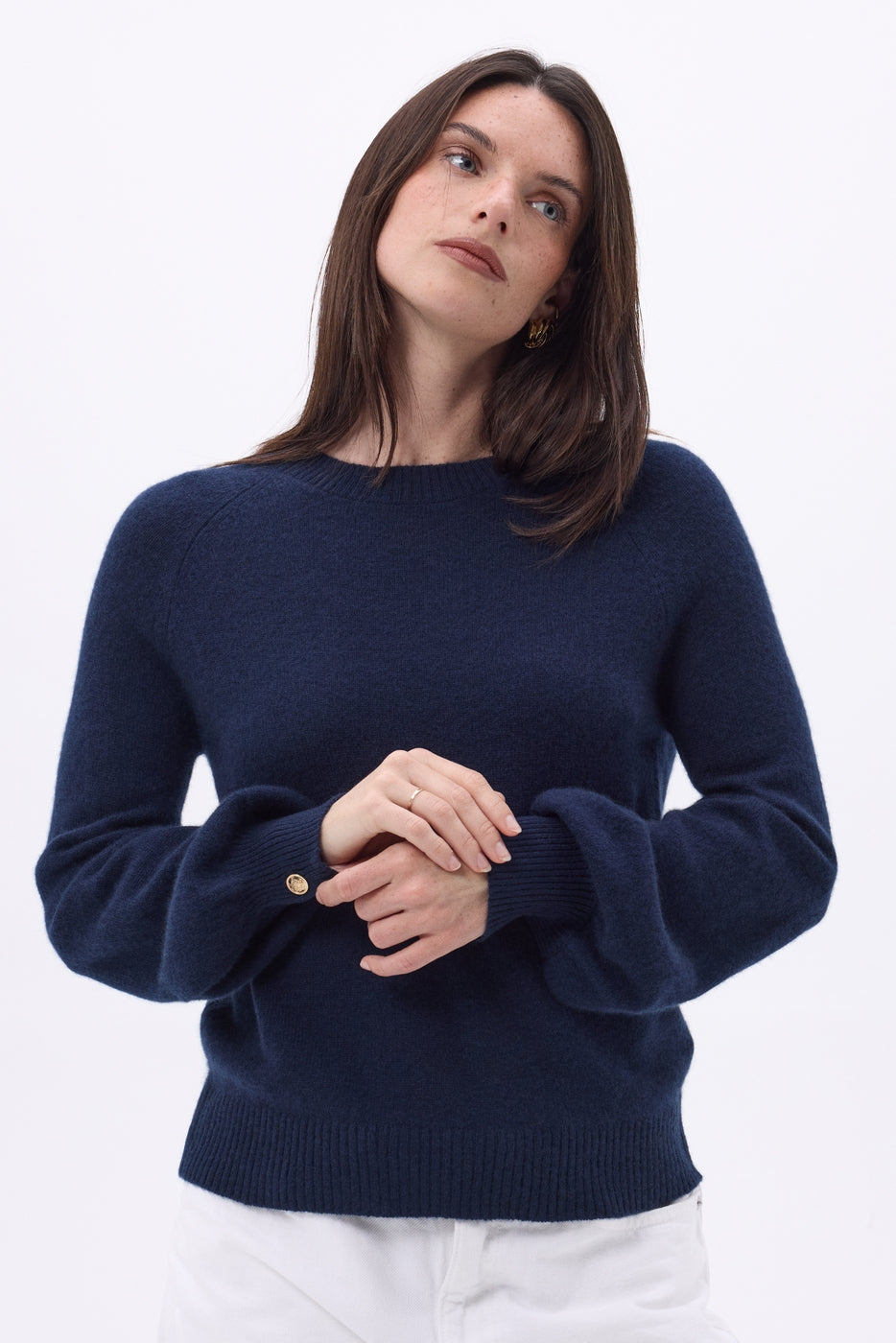 Pull Col Rond Boutons Rib Manche Clip - Bleu Marine - Femme