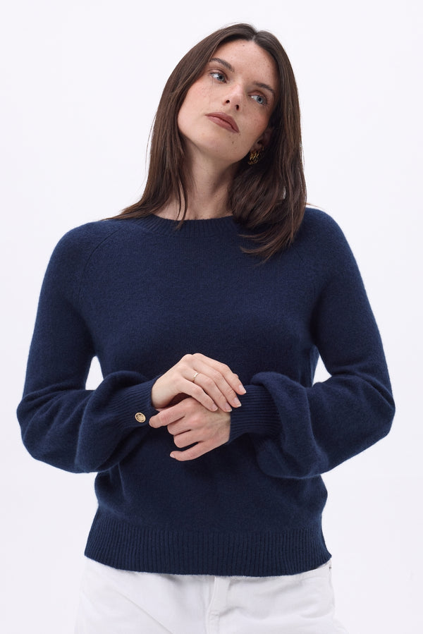 Jersey de cuello redondo con botones en puños de canalé Clip - Azul marino - Mujer - 100% Cachemira