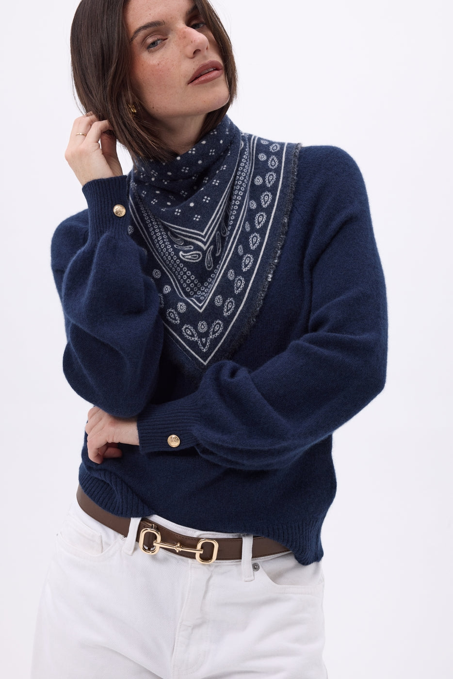 Pull Col Rond Boutons Rib Manche Clip - Bleu Marine - Femme